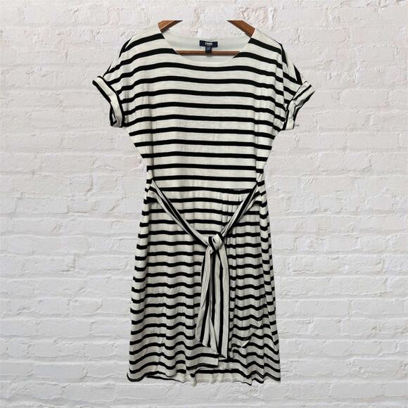 Chaps Black White Striped Midi Dress Stretchy Faux Wrap Lined Knee Length Small - Picture 1 of 11